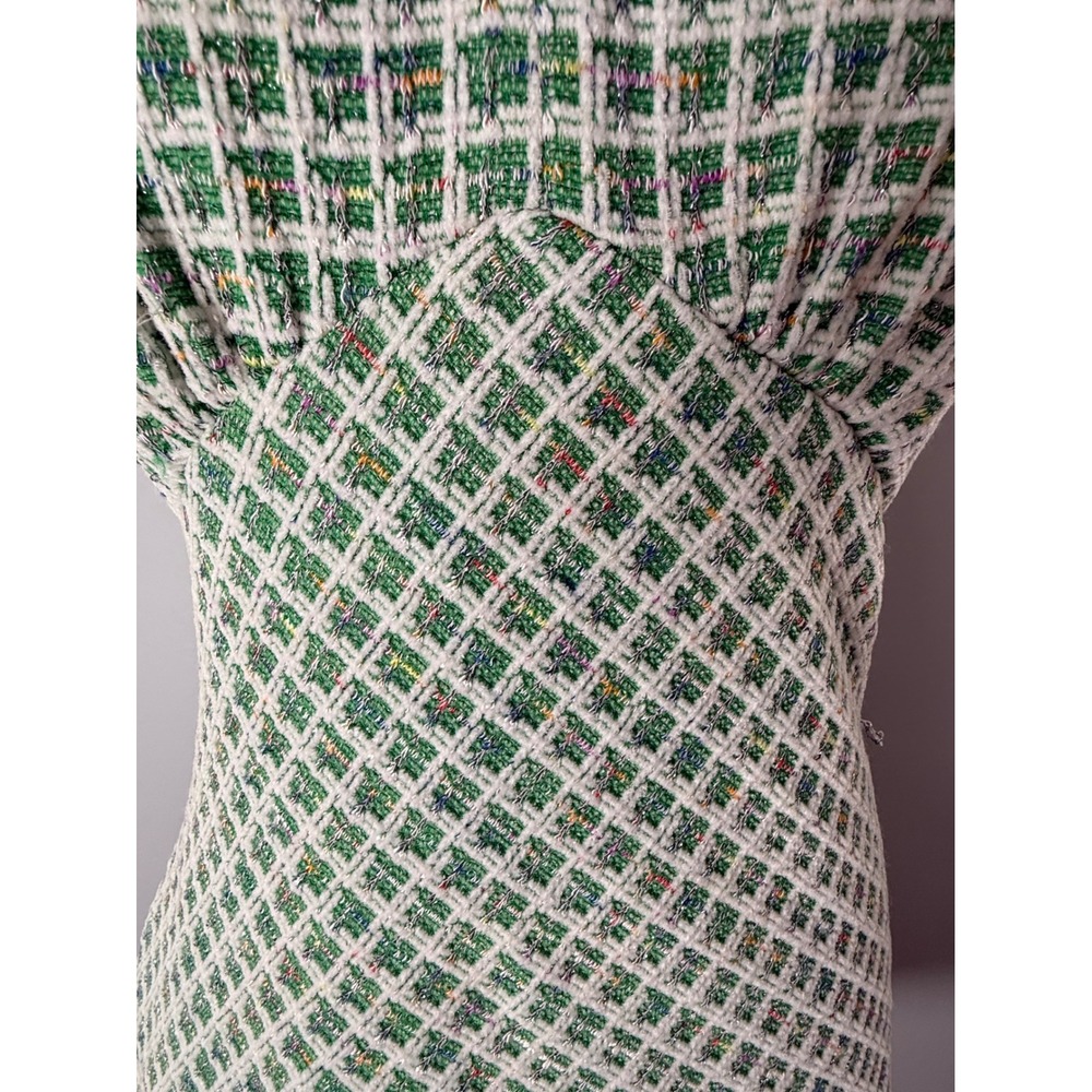 Taylor Plaid Tweed V-Neck Flounce Hem Sleeveless Mini Dress Green White Size 8 - Picture 3 of 14